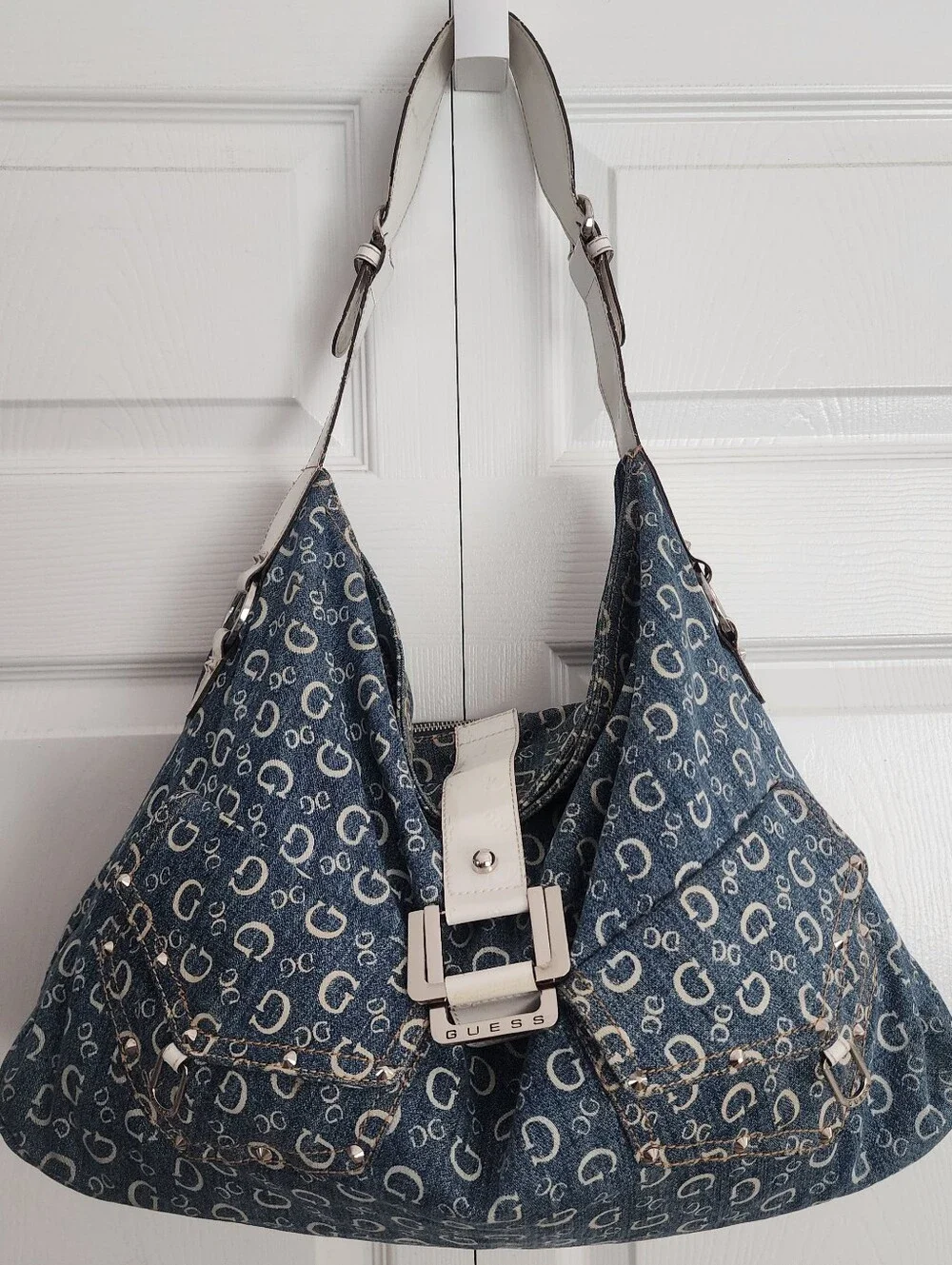 Y2K Guess Vintage Denim Blue Logo Monogram Studded Large Shoulder Hobo Bag